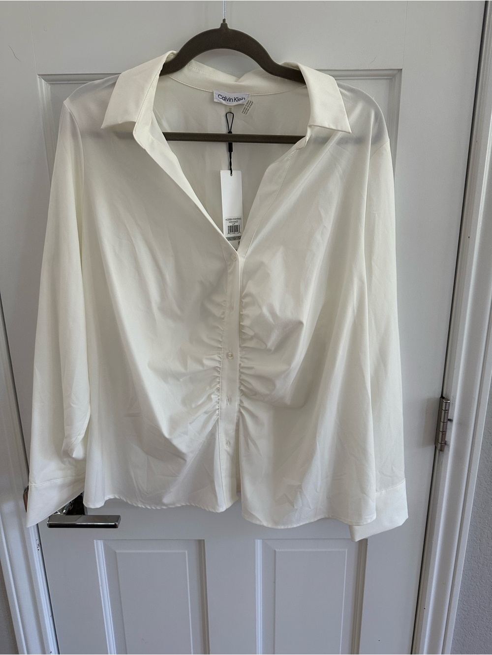 Calvin Klein Ivory Ruched-Front Button Down Shirt